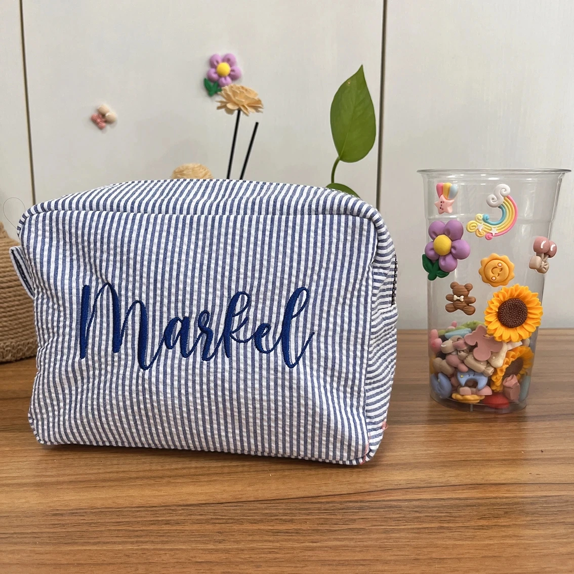 

Personalized Cosmetic Bag Custom Makeup Bag Seersucker Toiletry Bag Bridesmaid Make Up Bag with Name Bachelorette