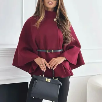 HXAO معطف نسائي قصير معاطف الرأس للنساء حزام فو الصوف ويمزج معاطف الخريف الشتاء الصلبة معاطف أنيقة عباءة سترة السيدات 5