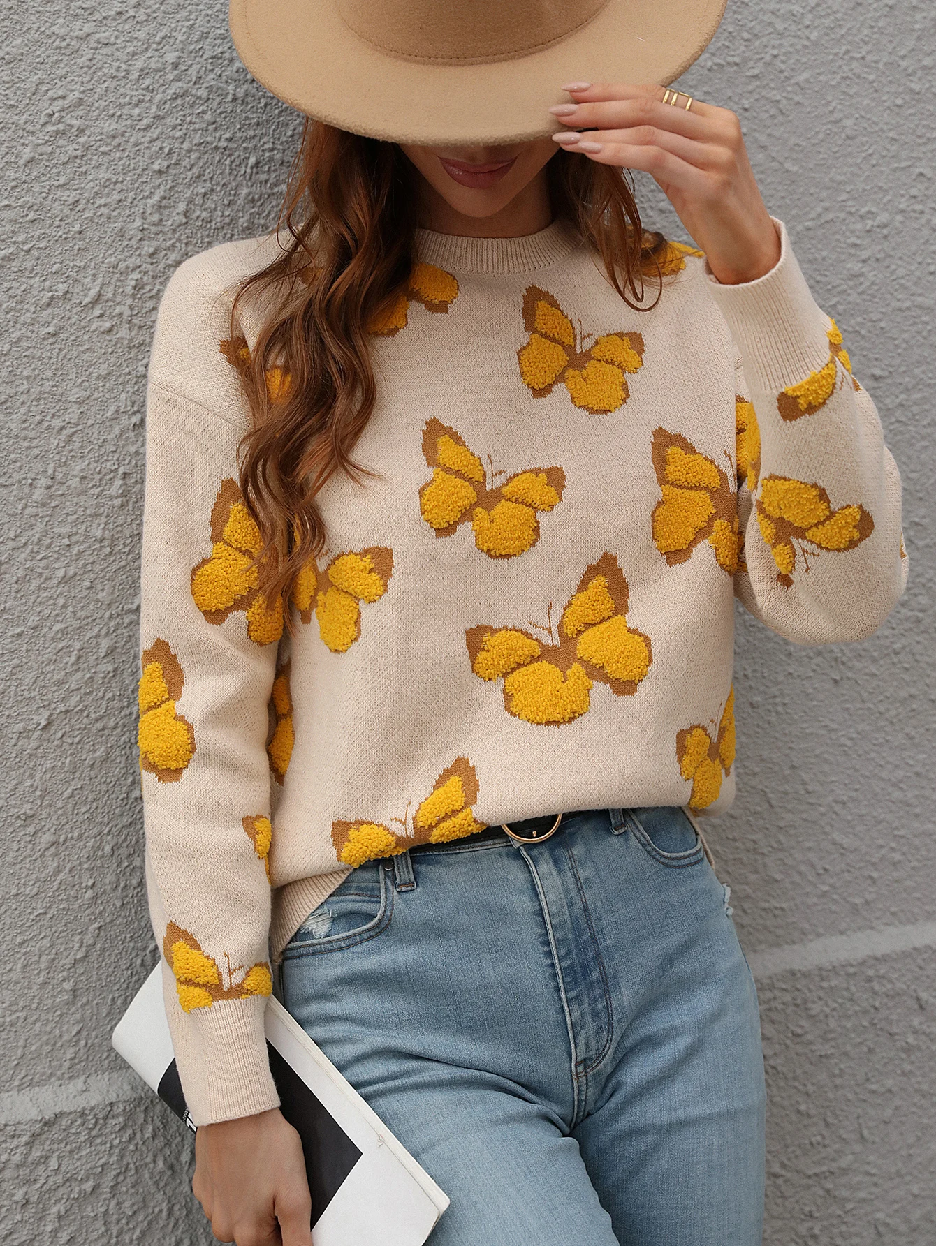 

Y2K Butterfly Print Sweater Women Long Sleeve Knitted Sweaters Autumn Winter Pullover Chic Ladies Tops Loose Jumper Pull Femme