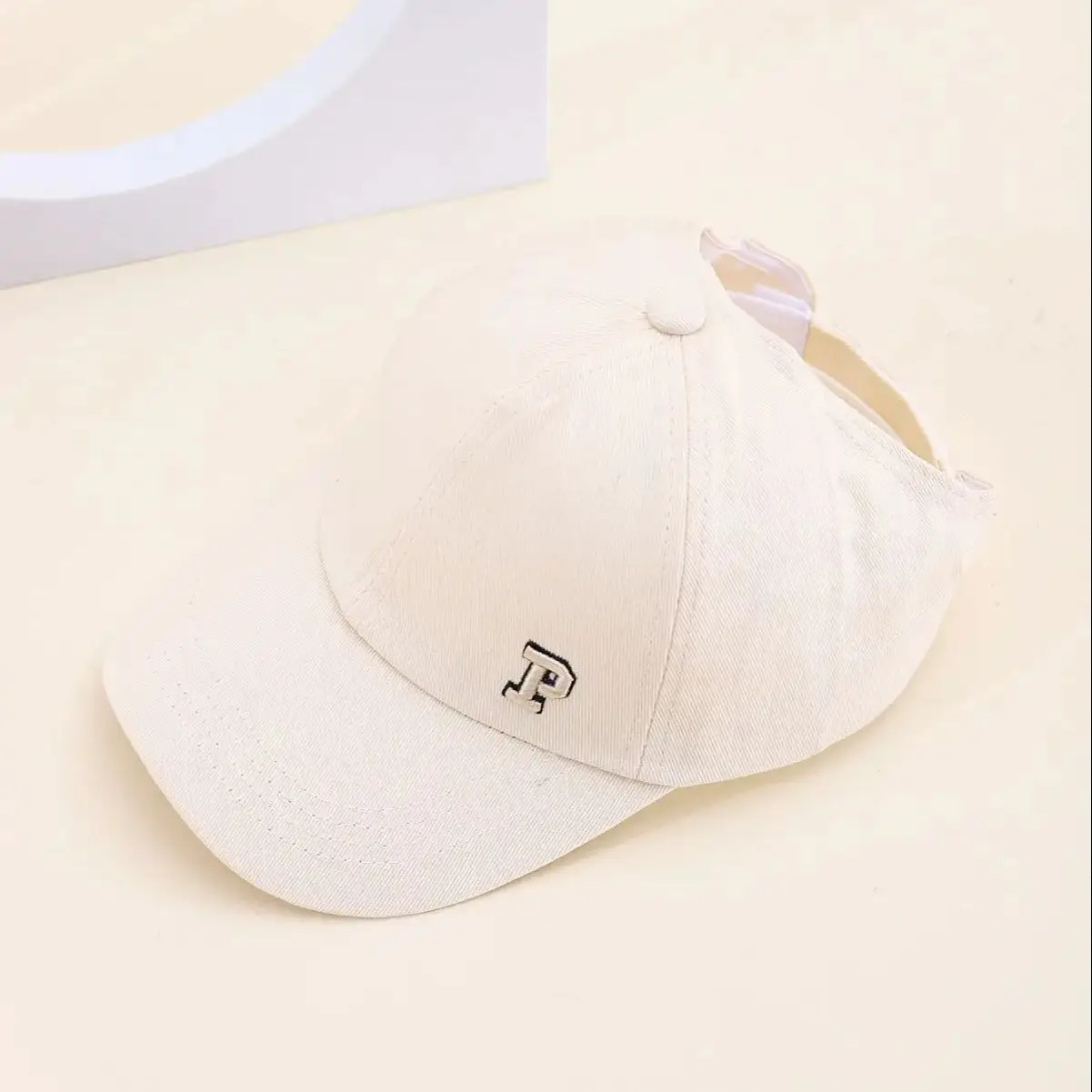 Children's Spring Summer Duckbill Cap Girl's Letter P Embroidery Half Hollow Top Tie a Ponytail Baseball Cap