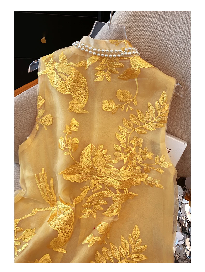 Vintage Weste Hemd Neue Chinesische Stil Bestickt Stehkragen Organza Weste Frühling und Sommer Temperament frauen Kleidung – Detail 11