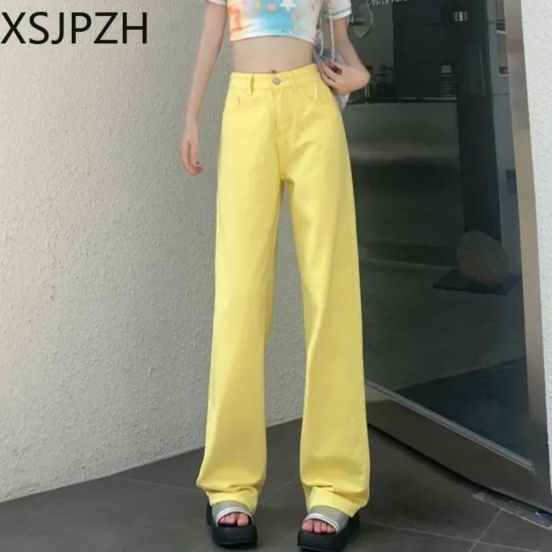 Xsjpzh Colored Popular Jeans Wide Leg Pants Women's High Waist 2023 New Slim Straight Leg Jeans Popular Female Pants