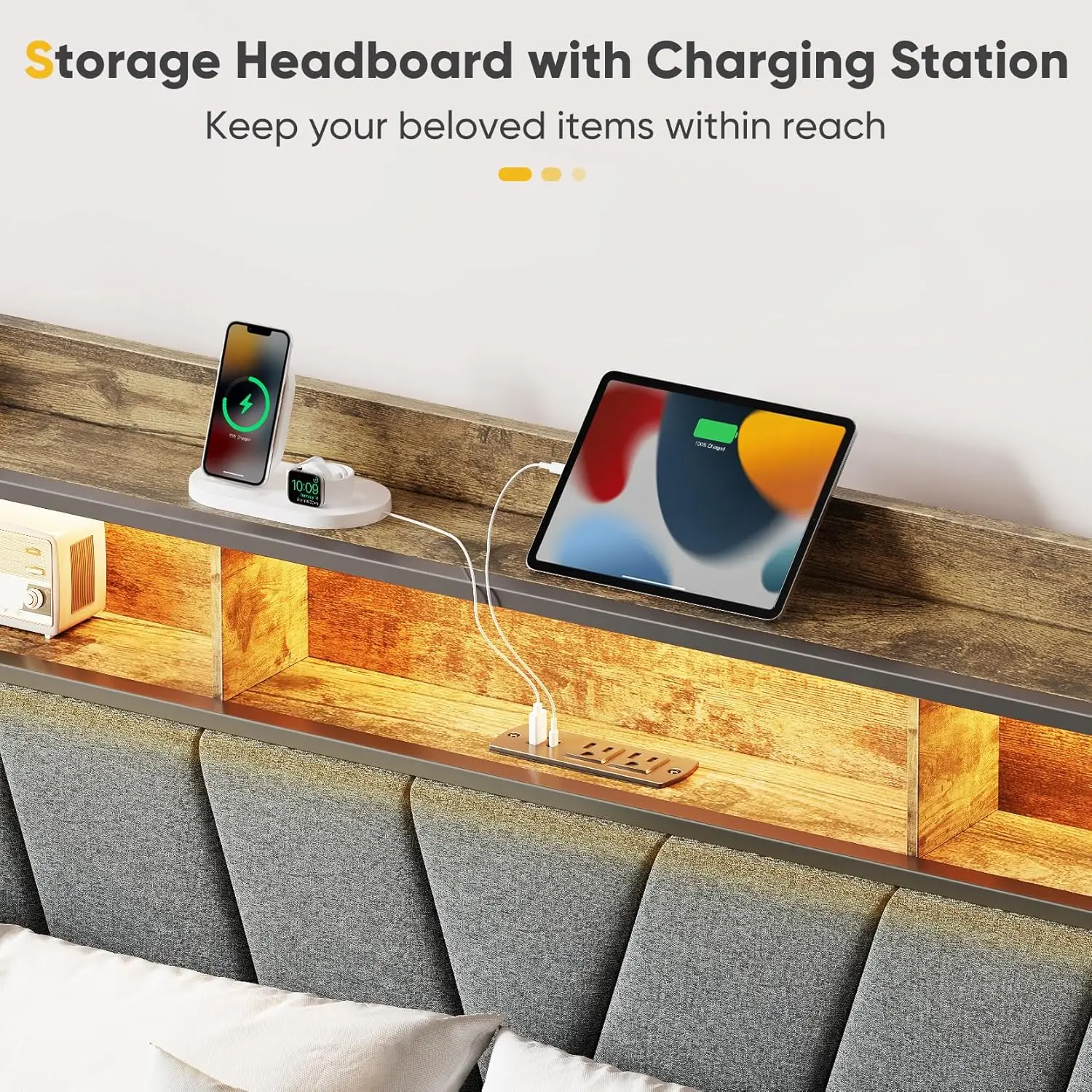 Bed Frames with Charging Station, LED Lights Bed Frames with Upholstered Headboard, Metal Platform Bed, 2-Tier Storage, Sturdy