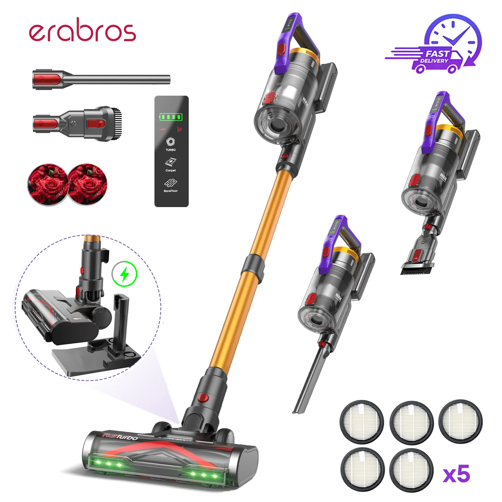 erabros EV7 Cordless Vacuum Cleaner,70KPa Suction,550W Motor,70Min Runtime,Charging Storage Base,Stick Vacuum with Aroma Design