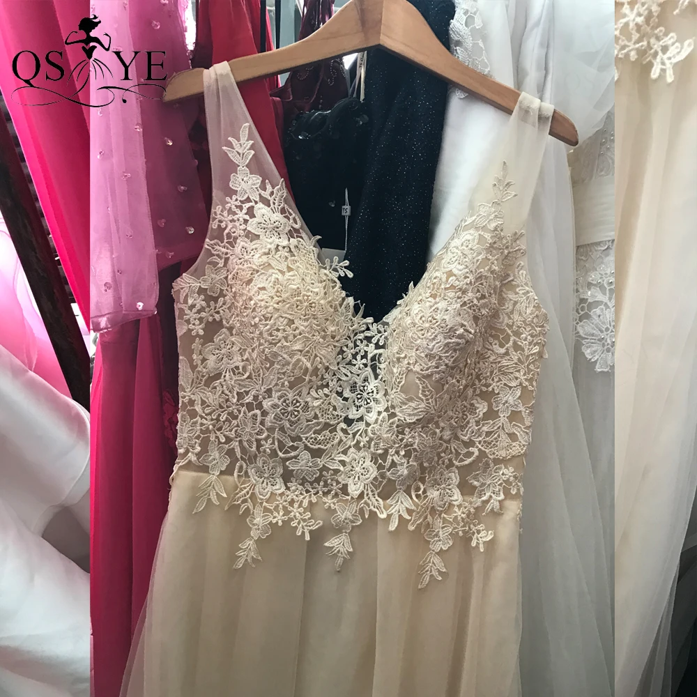 

Champagne Long Prom Dresses Tulle Lace Bodice V neck A line Evening Gown Appliques Sleeveless Open Low Back Girls Party Gown