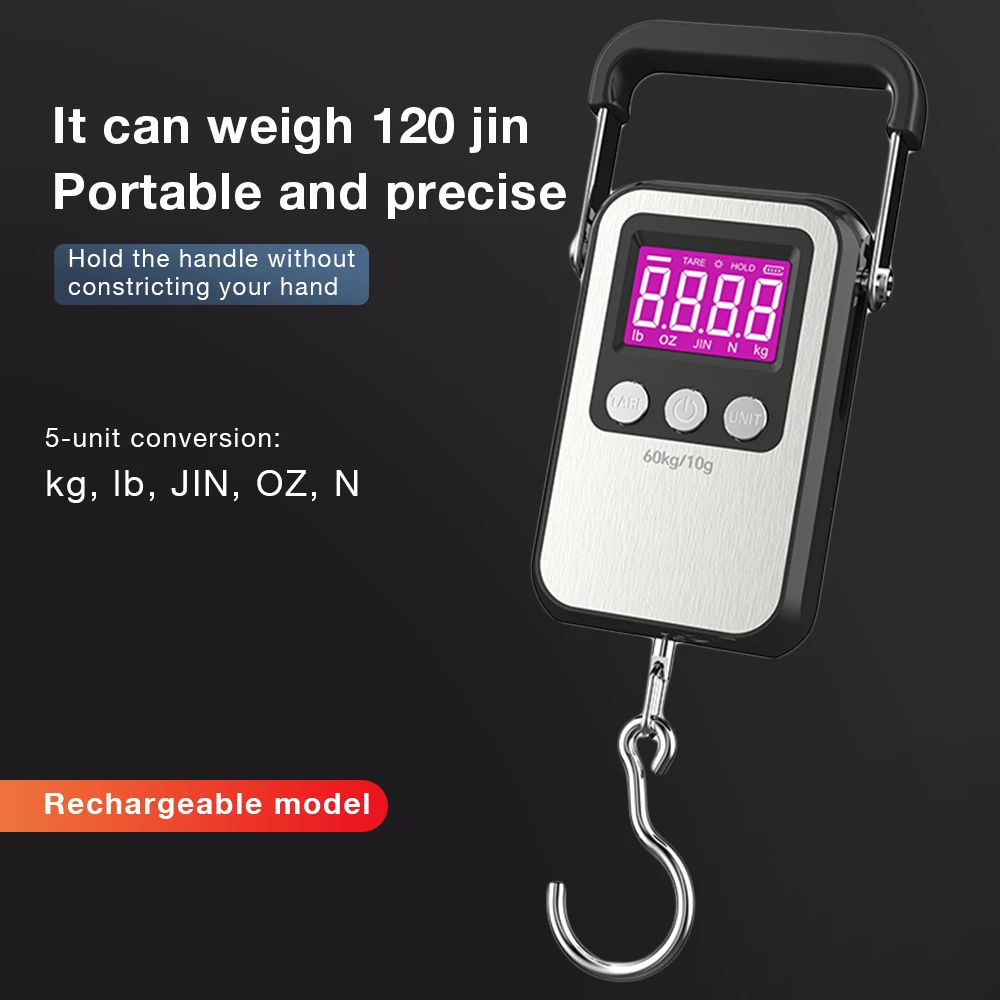 Balance numérique suspendue rechargeable 60kg/10g en acier inoxydable pour pêche et usage domestique