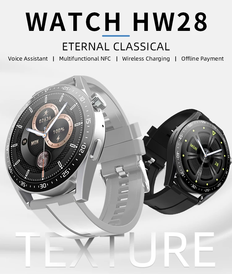 2022 New SmartWatch HW28 NFC Smart Watch Men 1.39 Inch HD Screen Voice Assistant Bluetooth Call Calories pk Huawei GTR 3 GTS 2