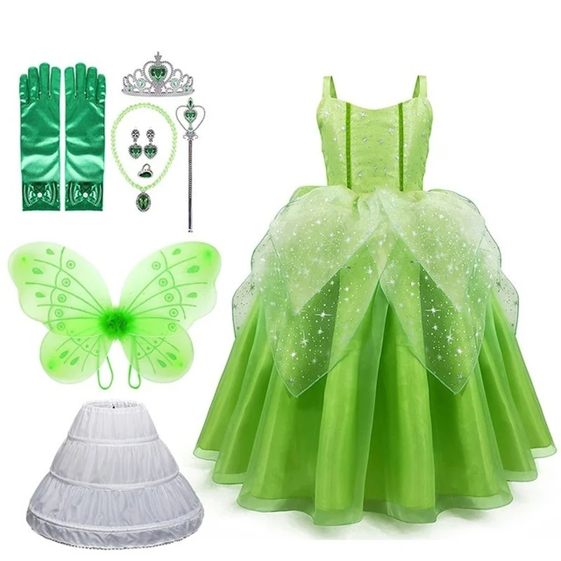 Green Elf Tinkerbell Kids Cosplay Princess And The Frog Birthday Party Halloween Girls Fancy Ball Gown Happy Purim Faery Dress