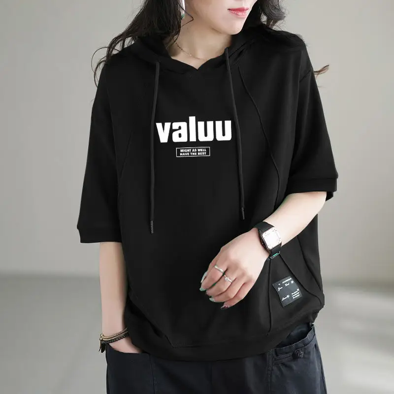2024 New Summer Art Fashion Casual Loose Sports Oversized Versatile Letter Printed Short Sleeve Hooded Sweater for Women