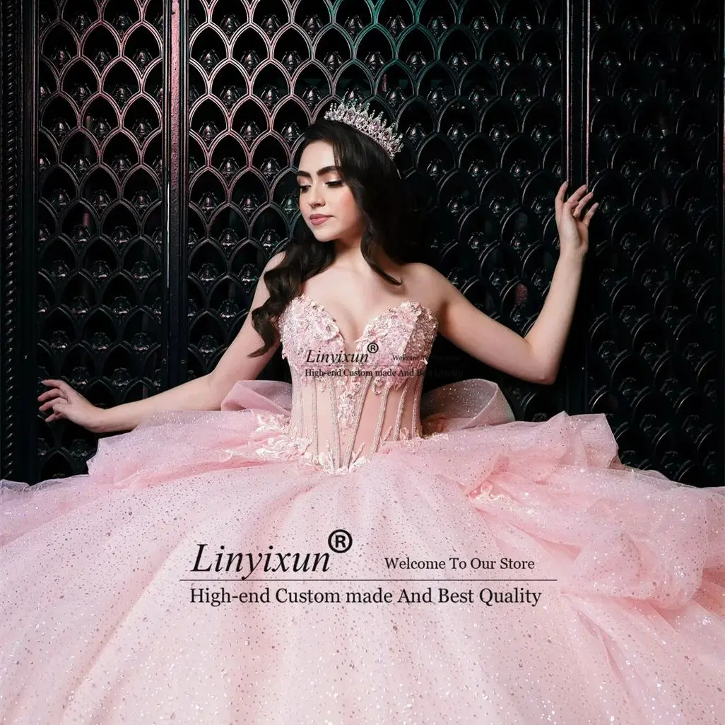 Elegance Pink Princess Mexico Luxury Quinceanera Dresses Bow Straps Crystal Beads Princess Sweet 16 Gowns Vestidos Ball Gown