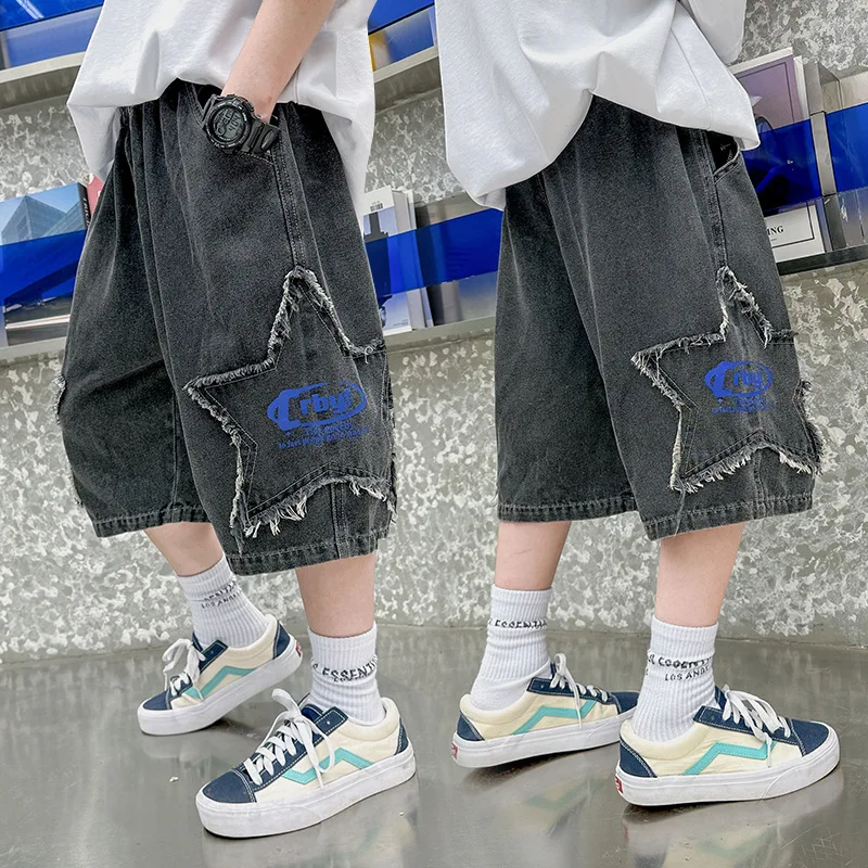 Fashion Denim Shorts For Boys Teenager Kids Elastic Waist Cargo Jean Short Pants With Pocket For Children's Age 5-14 Years Old