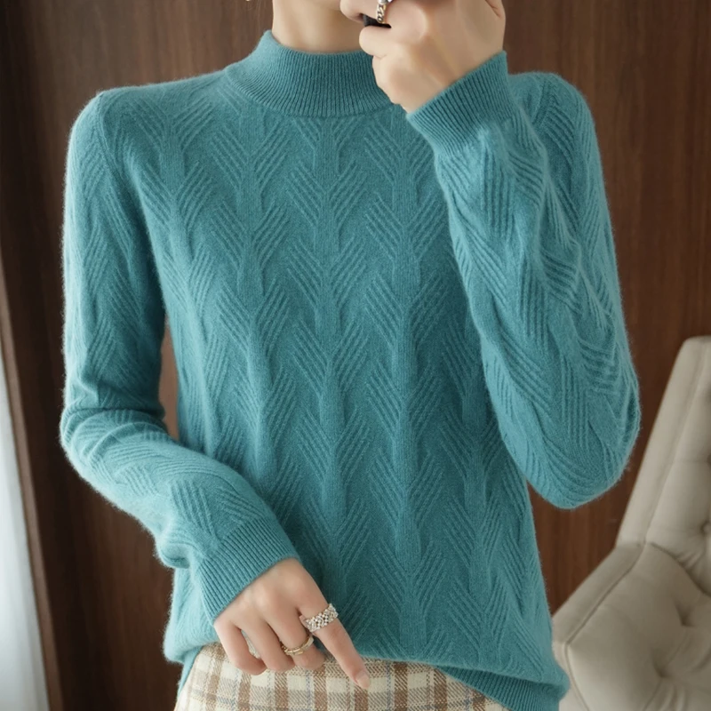 

Autumn And Winter 2022 New Half High Collar Heavy Jacquard Knitwear Women's Fashion Solid Pullover Sweater Loose Slim Undercoat