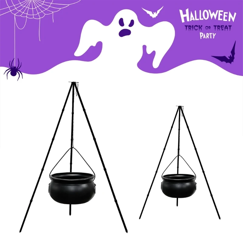 

448B Witch's Cauldron Halloween Decoration, Black Plastic Large Witch Cauldron on Tripod with Lighting, Decorative Cauldron