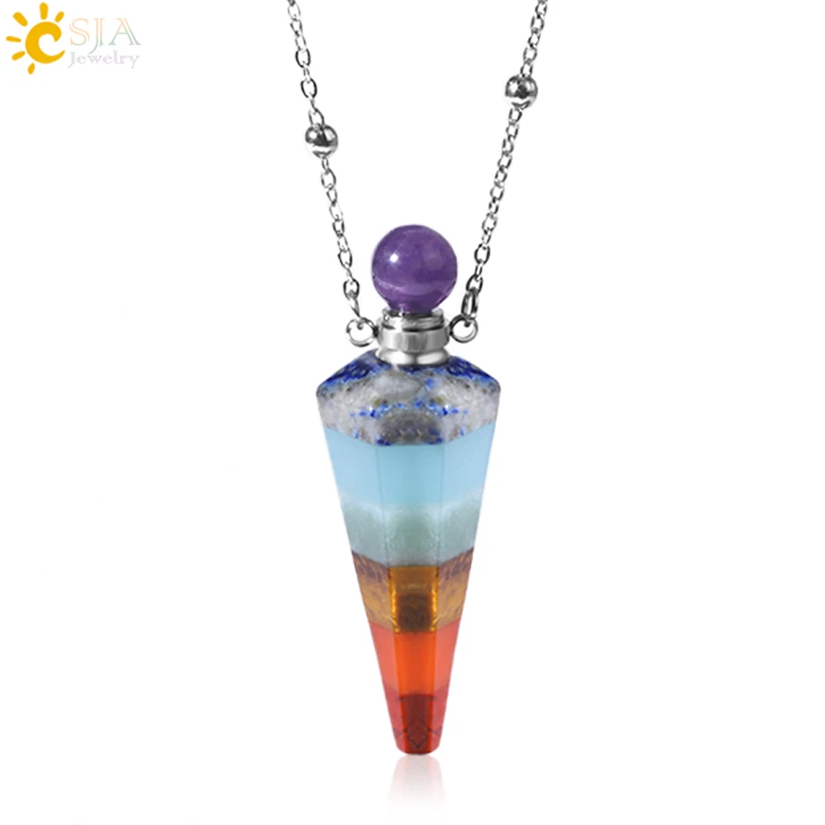 Natural Stone Cone Perfume Bottle Necklace with Healing Clear Quartz Crystal Pendant and Essential Oil Diffuser