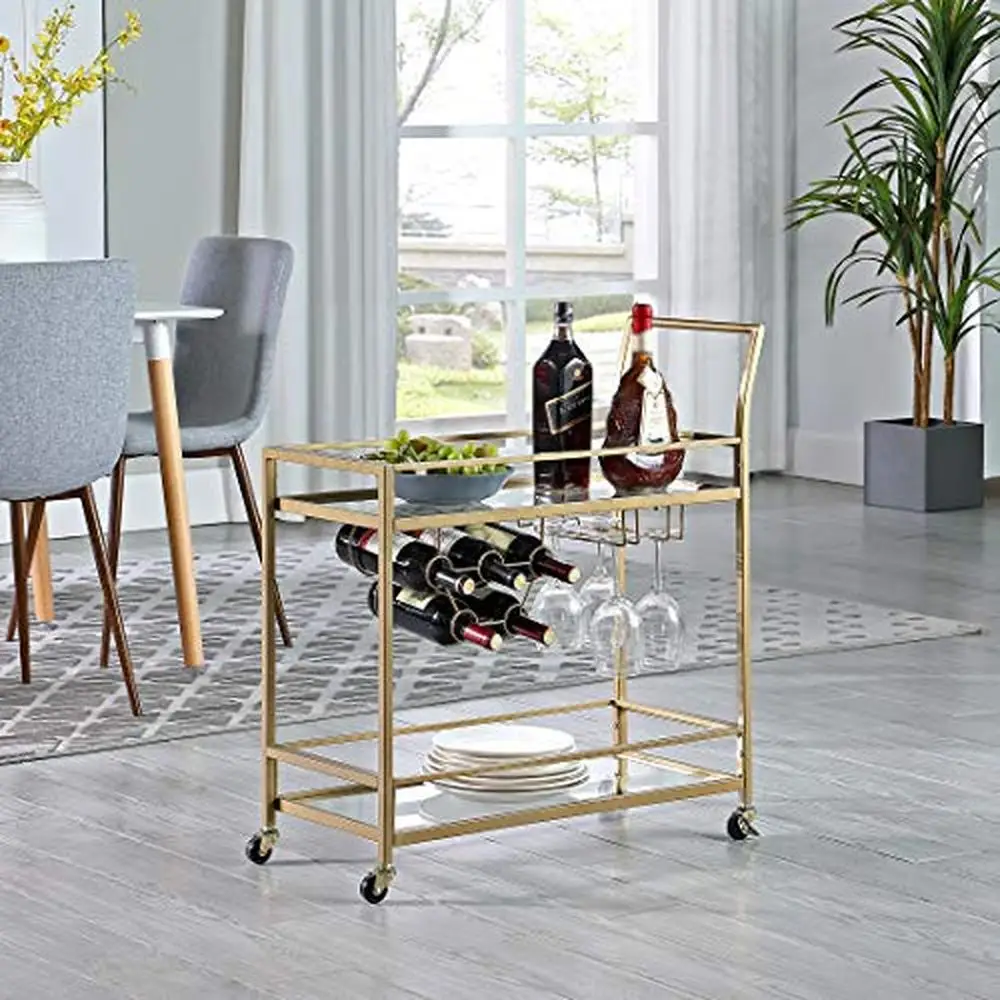 

Francesca Gold Bar Cart Two Tier Mobile Serving Storage Wine Glasses Coffee Station Metal Kitchen Dining Room Accent Piece 32.5"