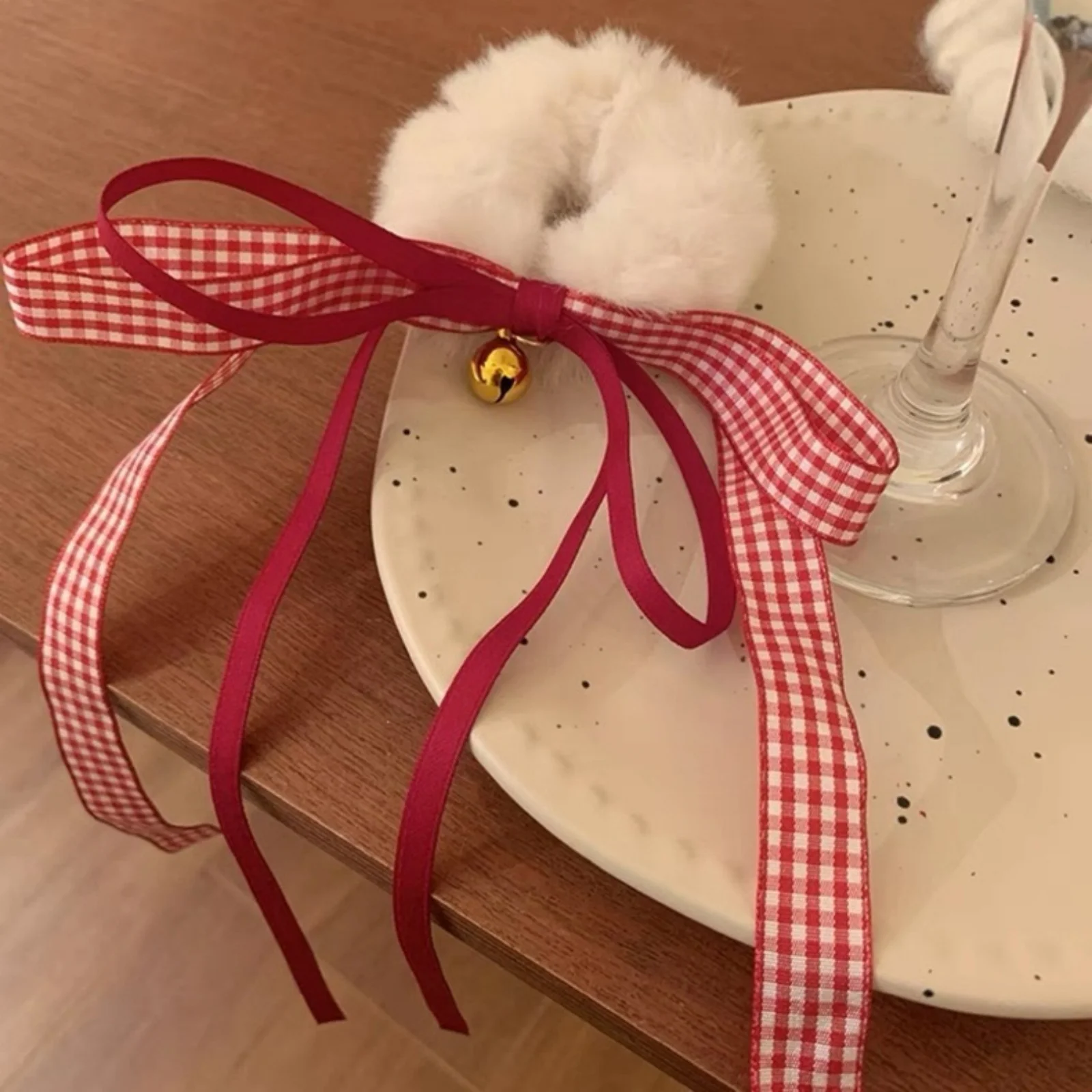 1PC New Year Fuzzy Scrunchie With Bow, Red Gingham Ribbon Hair Tie,Cute Bell Decor Hair Accessory For Women,Festive Elastic Hair
