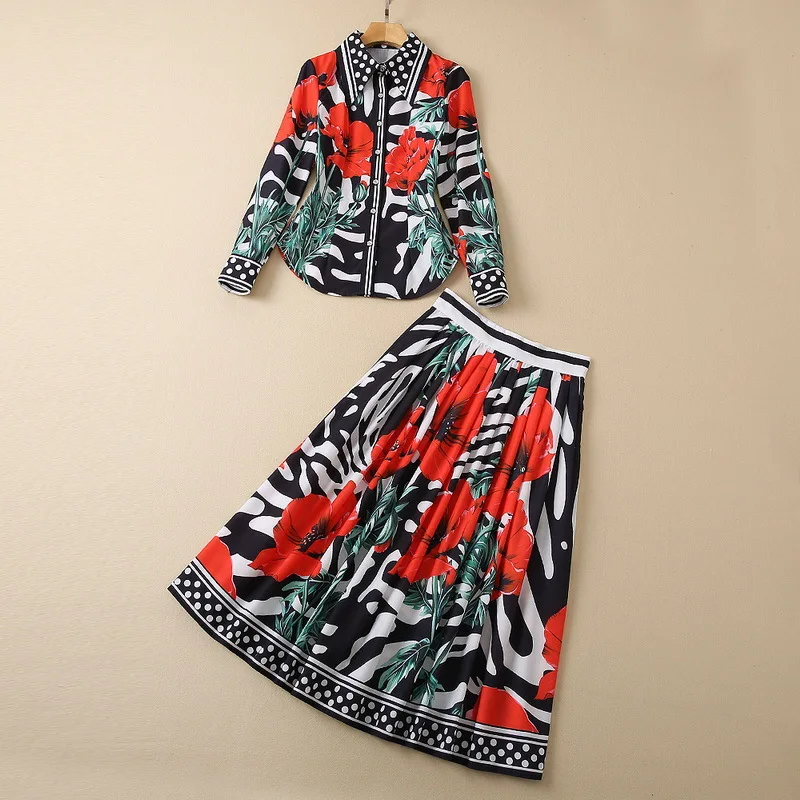 

New European and American women's wear for winter 2022 Long sleeve floral polka dot print shirt Pleated skirt Fashion suits