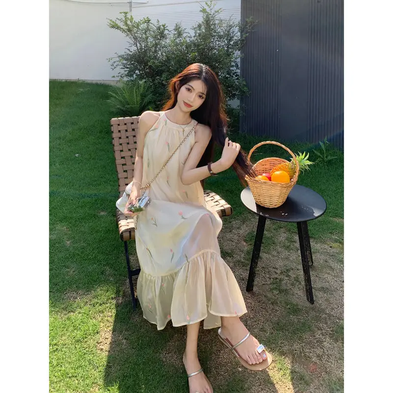

Women's Sundress Elegant Dress Women's Summer Loose Floral Midi Skirt Korean Fashion Clothing Vintage Chic Casual Dresses Playa