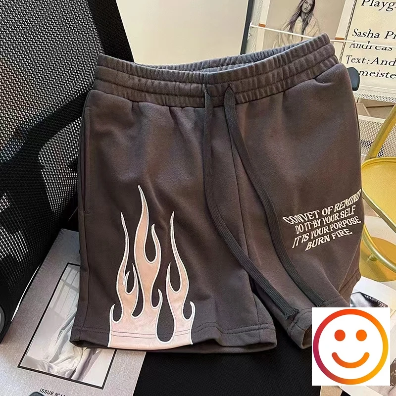 Hip Hop Flame Patch Embroidery Loose Straight Five Track Shorts Men Women Victory Match Sweatpants Drawstring Sport Shortpant