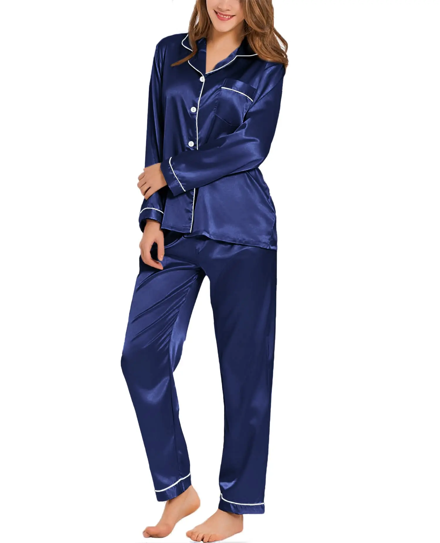 Womens Silk Satin Pajamas Loungewear Two-piece Sleepwear Button-Down Full Sleeve Long Pj Set - Image 3