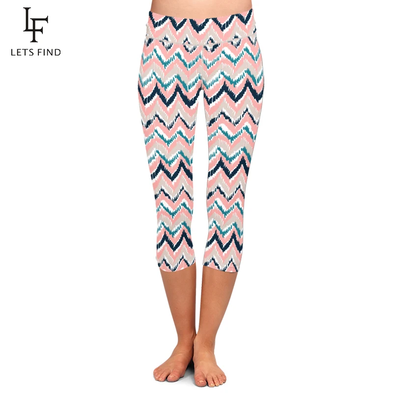 LETSFIND 2020 New Arrival Waves Printing Women Leggings High Waist  Fitness Soft Slim Elastic Capri Leggings for Summer
