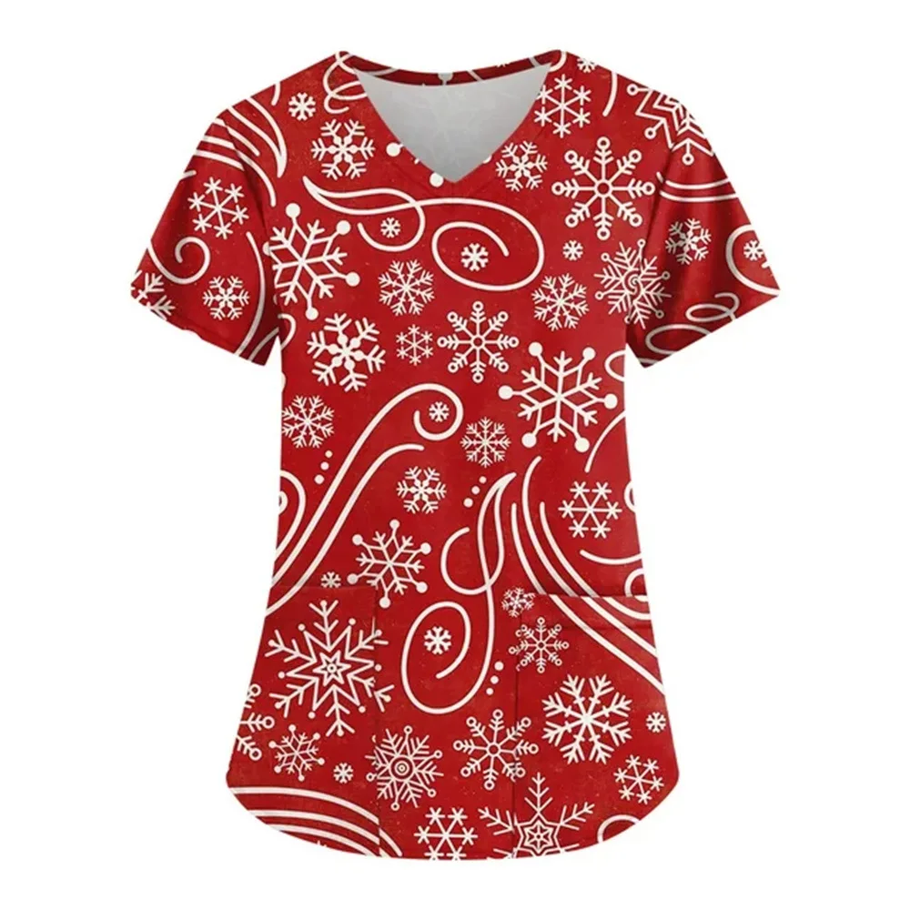 thumbnail image 1 of Uniforme de enfermera navideño para mujer, mono con cuello en V y manga corta con estampado de copos de nieve navideños, uniforme de trabajo médico para el cuidado de la salud, 1 of 4