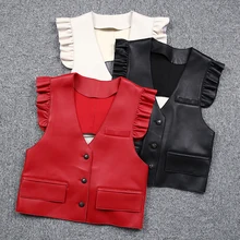 

2022 Spring New Genuine Leather Lambskin Sleeveless Lace Sleeve Clip Button Backless Vest for Women