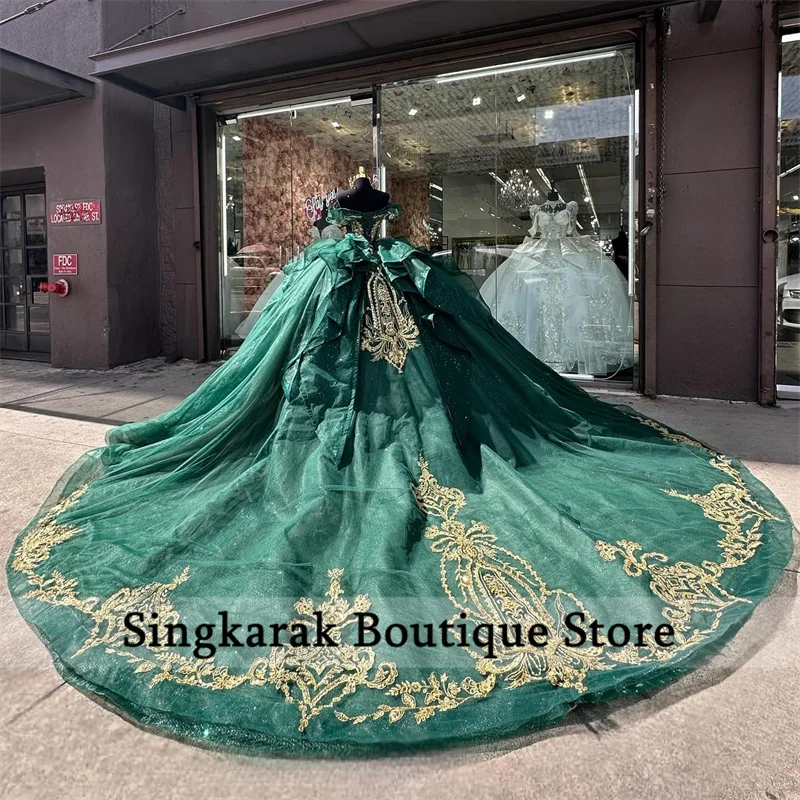 Luxury Green Quinceanera Dresses 2024 Off Shoulder Lace Applique Crystal Beads Sweet 16 Dresses Lace-Up Ball Gown