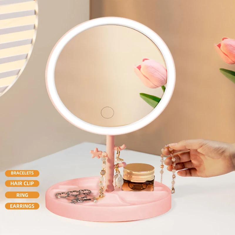Led Makeup Mirror With Stand Design Charging Bench Makeup Mirror Ins Girls Small Portable