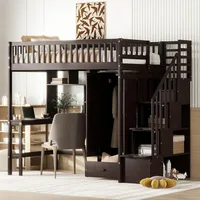 Twin Size Multifunctional Loft Bed with Wardrobe,Desk,Bookshelf and Drawers,Wood Loft Bed with Stairway Children's Wardrobes 1