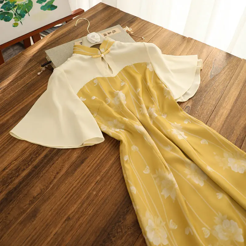 

Summer Qipao Jacquard Improved Cheongsam Dress Female 2022 Inverted Large Sleeves Retro Elegant High-end Dress