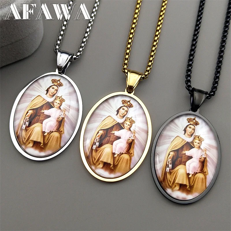 Virgin Mary Holding Baby Jesus Glass Pendant Necklace 1