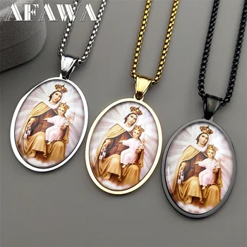 Virgin Mary Holding Baby Jesus Glass Pendant Necklace 1