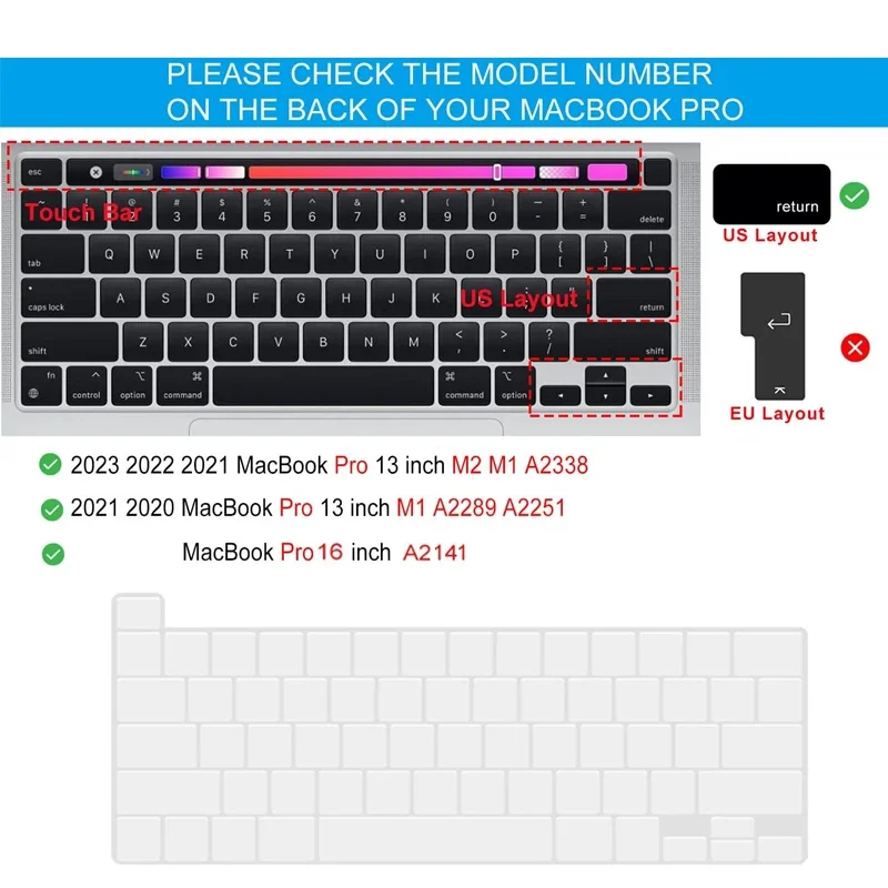 Keyboard Cover Ultra Thin Compatible With 2023 MacBook Pro 13 inch 2022-2020 M2 M1 A2338 A2289 A2251 & Pro 16 inch A2141 2019