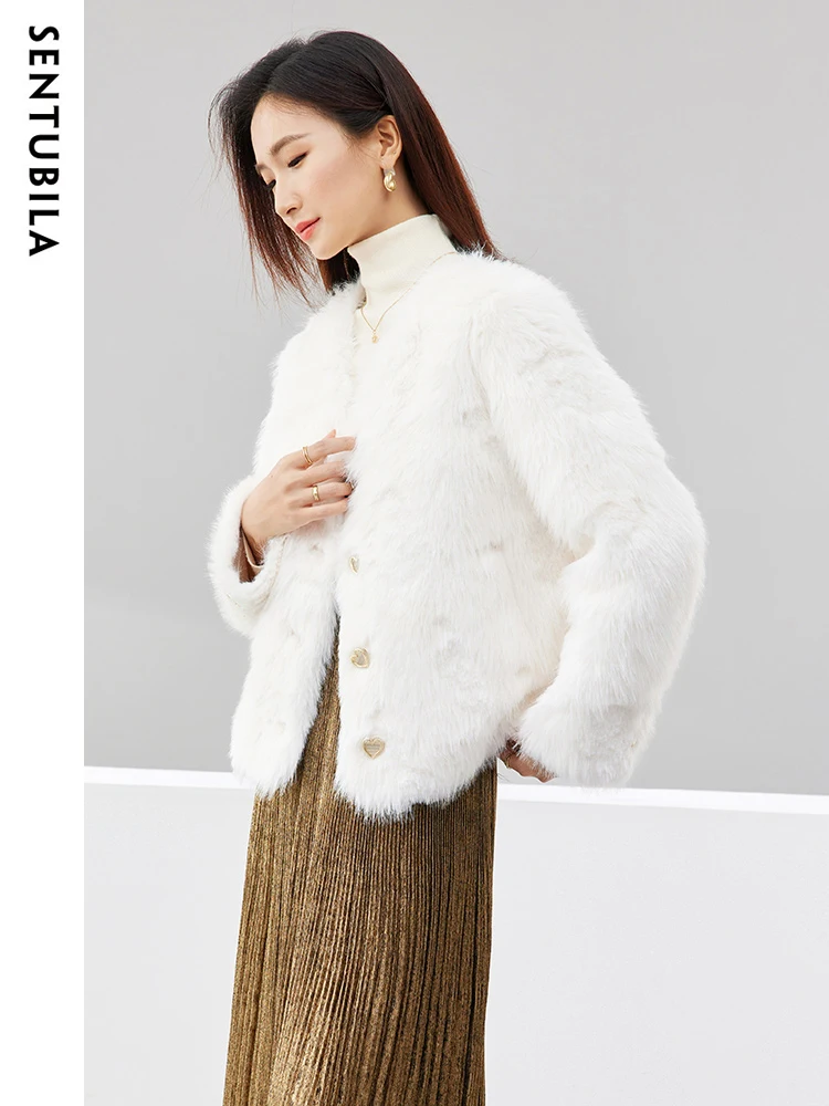 SENTUBILA High Quality Thick Warm Faux Fur Coat Women 2023 Autumn Winter Fashion V Neck Fur Integrated Fluffy Jacket W34W49726