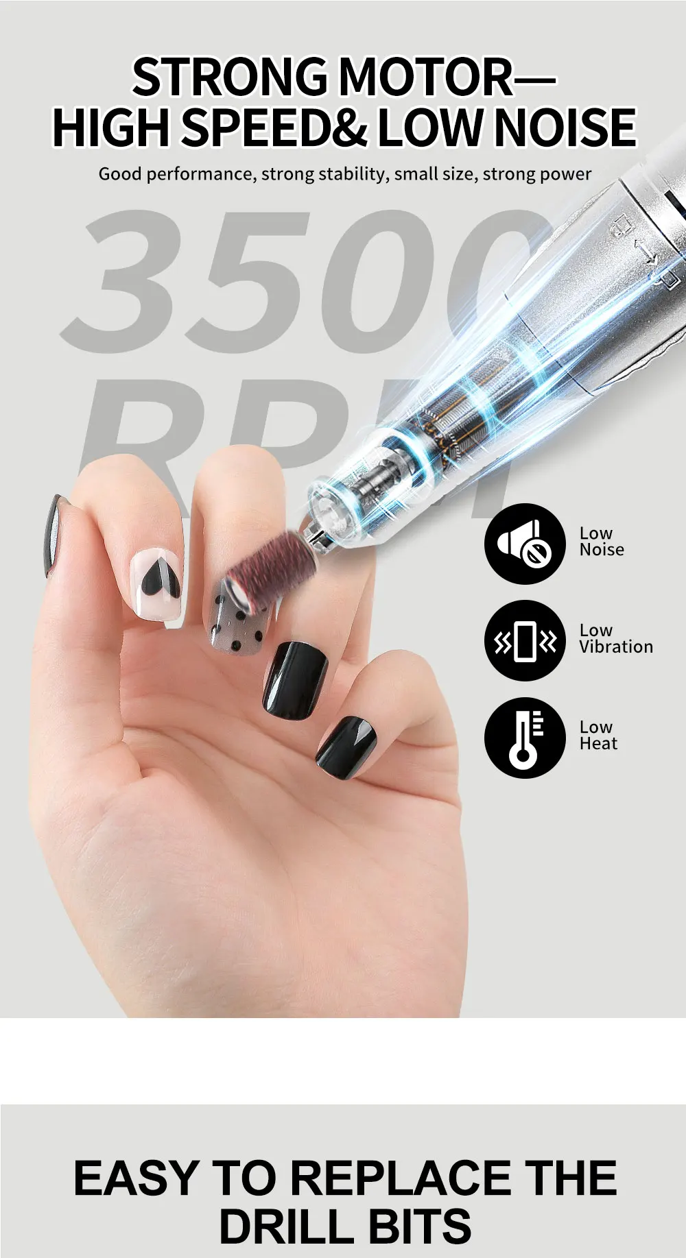 Description Picture 6 of item35000RPM Nail Drill Machine for Nails Rechargeable Manicure Low Noise Professional Electric Nail Drills Motor Polishe Sander