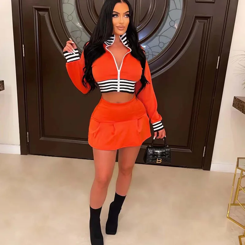 Autumn Winter Sporty Fitness Two Piece Sets Womens Outfits Long Sleeve Zip Striped Jacket Crop Top+Mini Skirt Sets Matching Sets