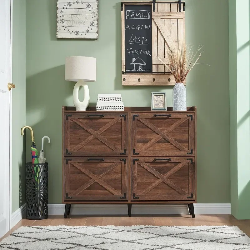 

Farmhouse Shoe Organizer with 4 Flip Drawers & Barn Door Design,Freestanding Hidden Slim Narrow Shoe Rack Cabinet for Entryway