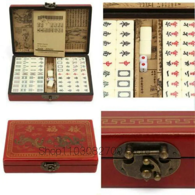 

Portable Retro Mahjong Rare Chinese 144 Tiles Mah-Jong Set In Leather Box 22cm