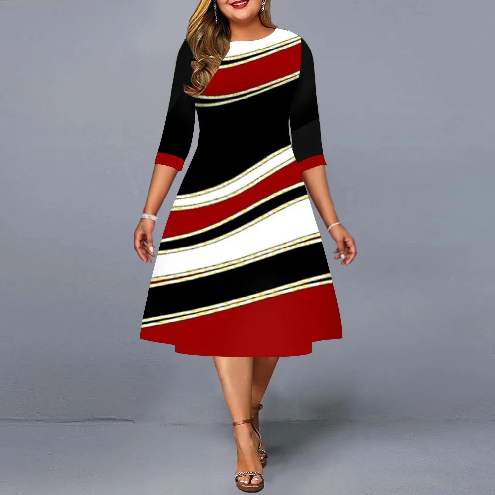 

4xl 5xl Vintage print patchwork women dress 2022 3/4 sleeve round neck ladies casual A-line midi vestido spring red clothes