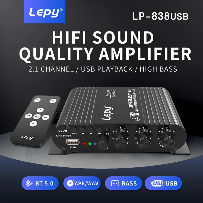 

LEPY LP-838USB Bluetooth 5.0 Amplifier 2.1 3 Channel Super Bass Support USB Lossless Music Play With Remote Control Digital Amp