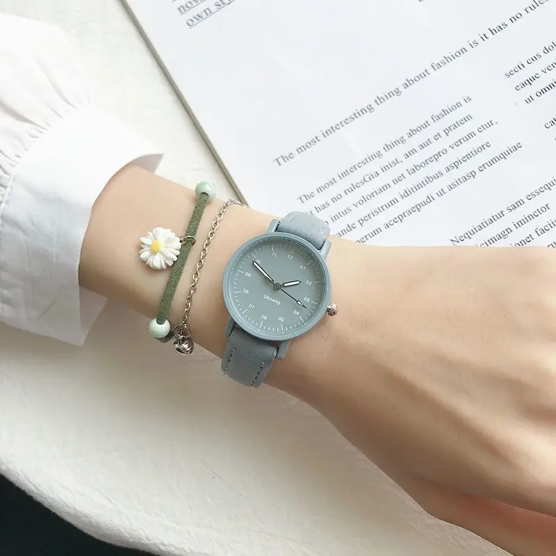 Korean Retro Harajuku Style Dark Green Girl Frosted Leather Quartz Watch Delivery Box Bracelet Children\'s Birthday Gift Clock