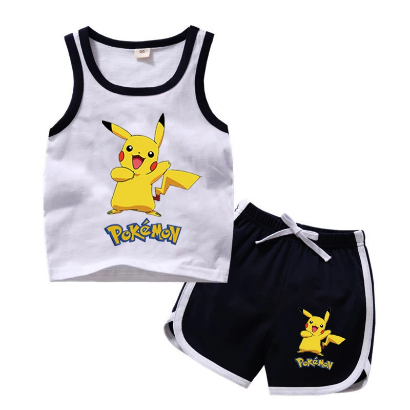 Camiseta de algodón de Pikachu para niñas y pantalones cortos, conjunto de 2 uds. De ropa de dibujos animados de Pokémon para niños, traje deportivo de la Patrulla Canina para verano