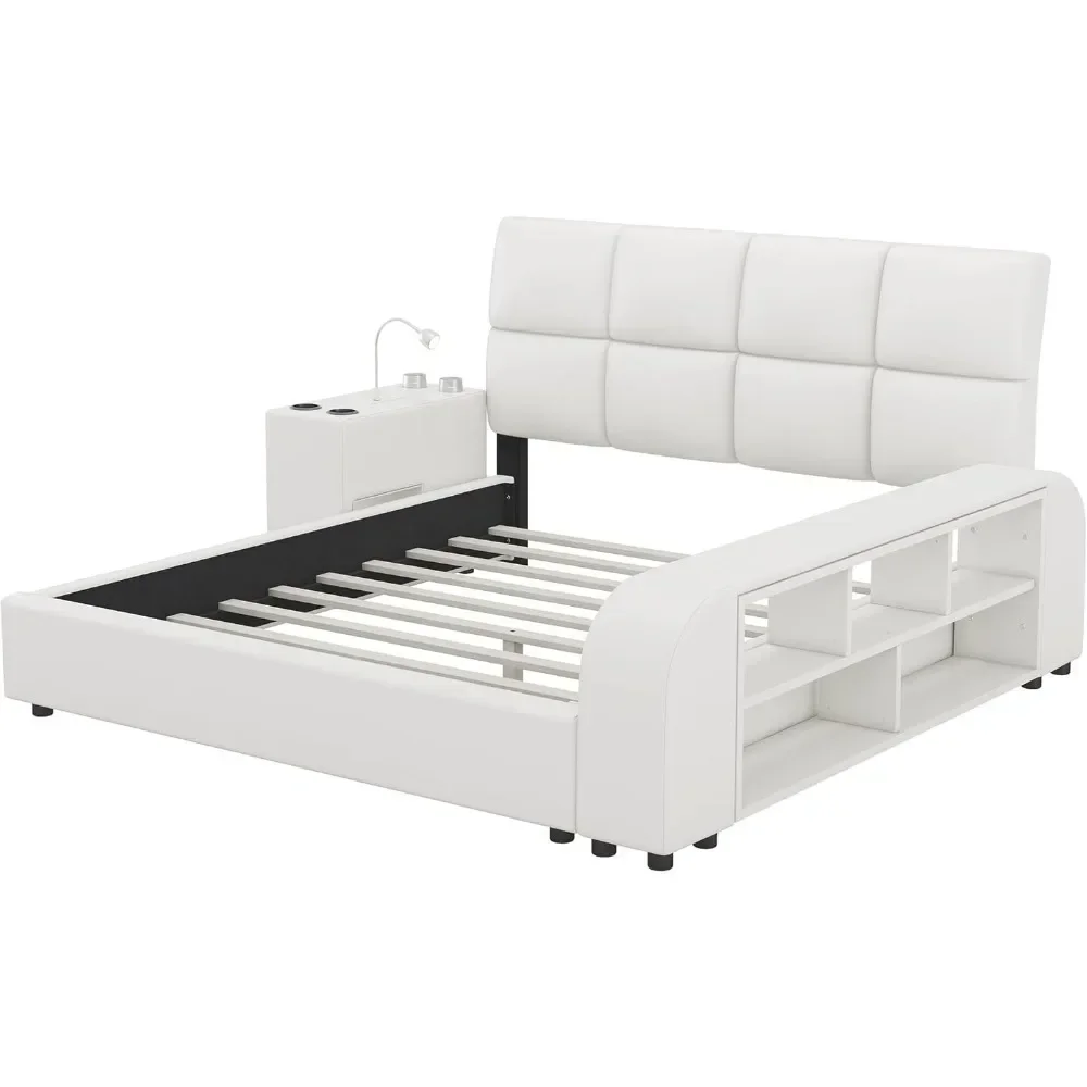 Queen Size Smart Bed Frame  Upholstered Platform Bed with Headboard and Light with Storage Shelves and Multimedia Nightstand 6