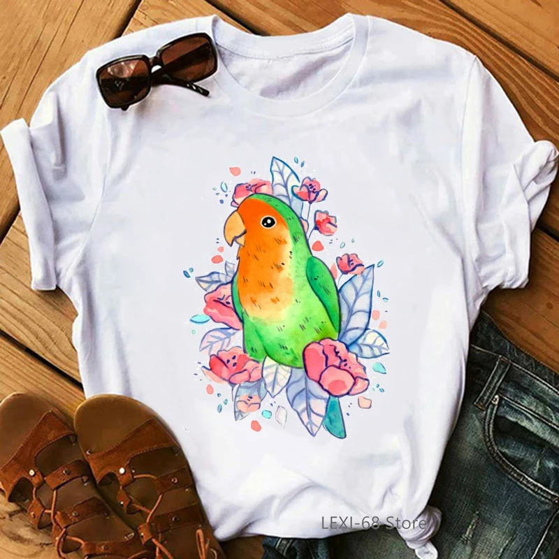 Watercolor Parrot Birds Women Tshirts Pink Flowers T Shirt Femme Harajuku Shirt Plus Size T-Shirt Camisetas Mujer Tops