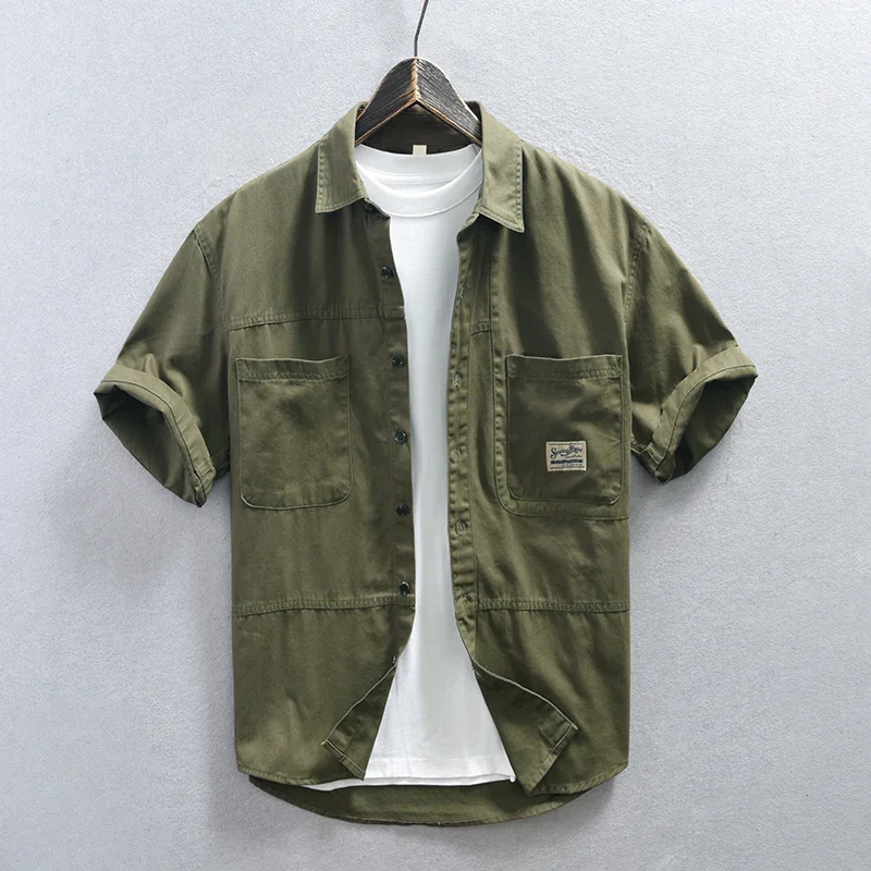 Casual Safari Style Outdoor Short Sleeve Shirt for Men 2023 Summer New Turn-down Collar Tops 100% Cotton Men's Clothing 2