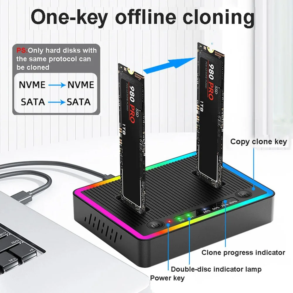 Kebidumei M.2 NVMe/SATA 듀얼베이 하드 드라이브 베이스 오프라인 클론 10Gbps M2 SSD 복제기 USB3.2 GEN2 SSD 어댑터 인클로저 (PC용)