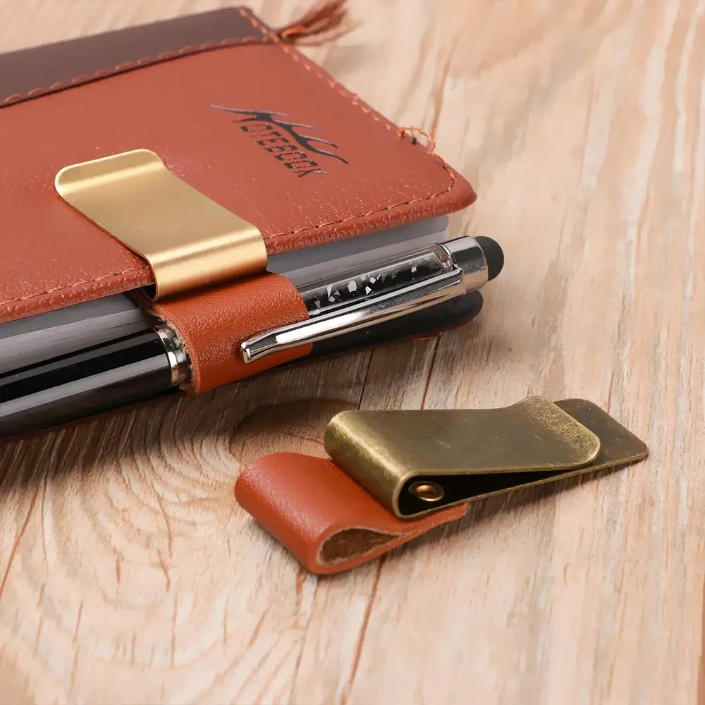 Convenient Metal Brass Pen Folder Notebook Holder Handmade Leather Stainless Steel Clips Stationery