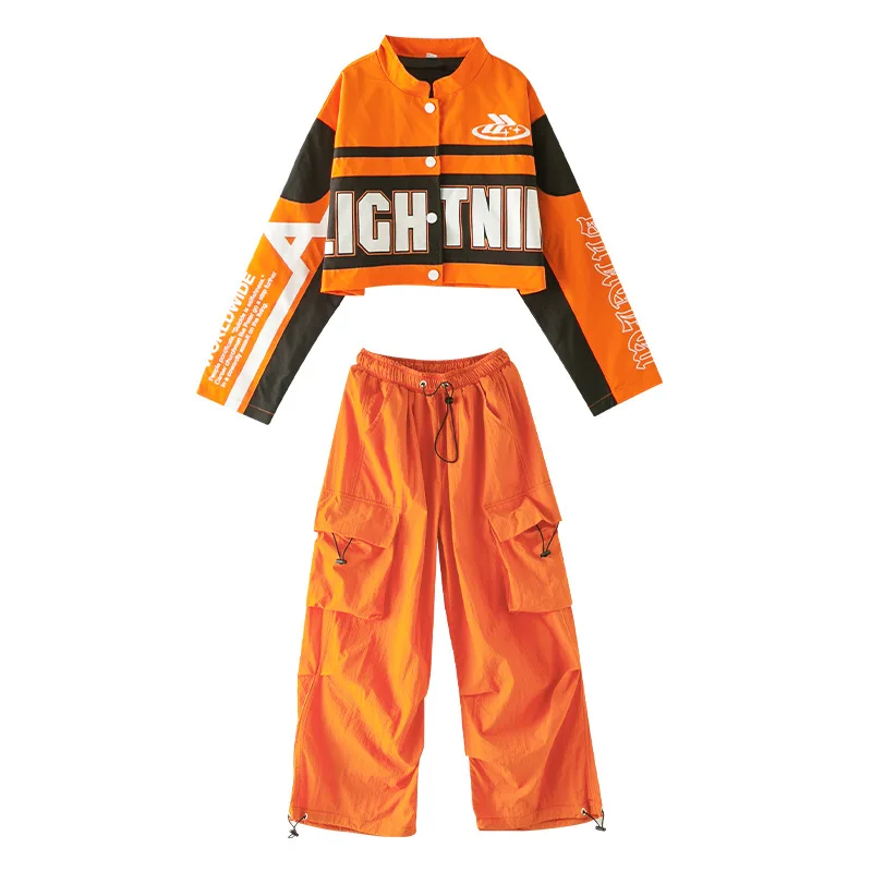 Boys Hip Hop Motorcycle Jacket Joggers Girls Crop Coat Street Dance Cargo Pants Sets Kids Jazz Costumes Child Teens Streetwear