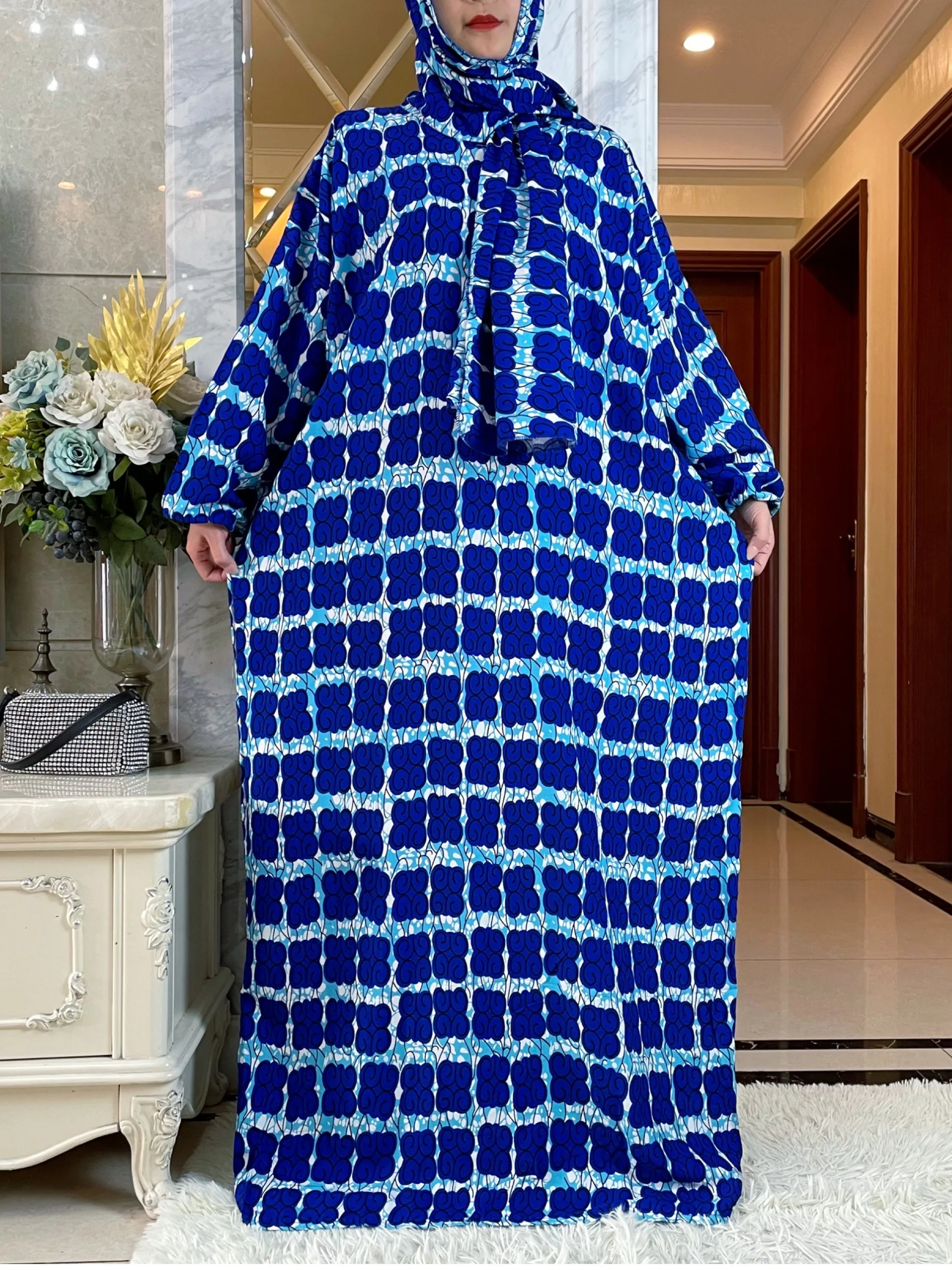 

2024Muslim Ramadan Prayer Cotton Abayas For Women Dubai Turkey Middle East Femme Robe Floral Loose African Dress Turban Attached